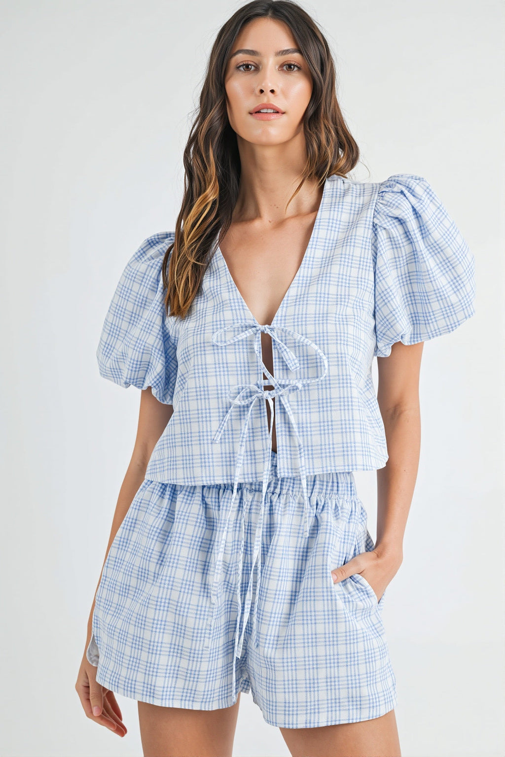 Bow Tie Puff Sleeve Plaid Two Piece Set image 1
