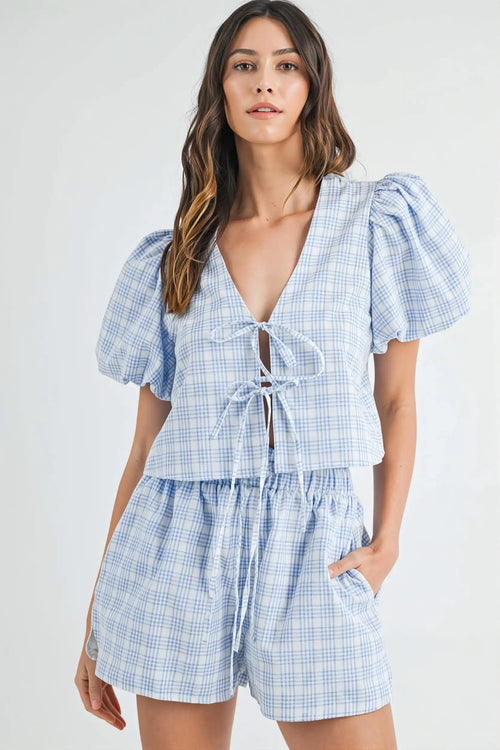 Bow Tie Puff Sleeve Plaid Two Piece Set image 1
