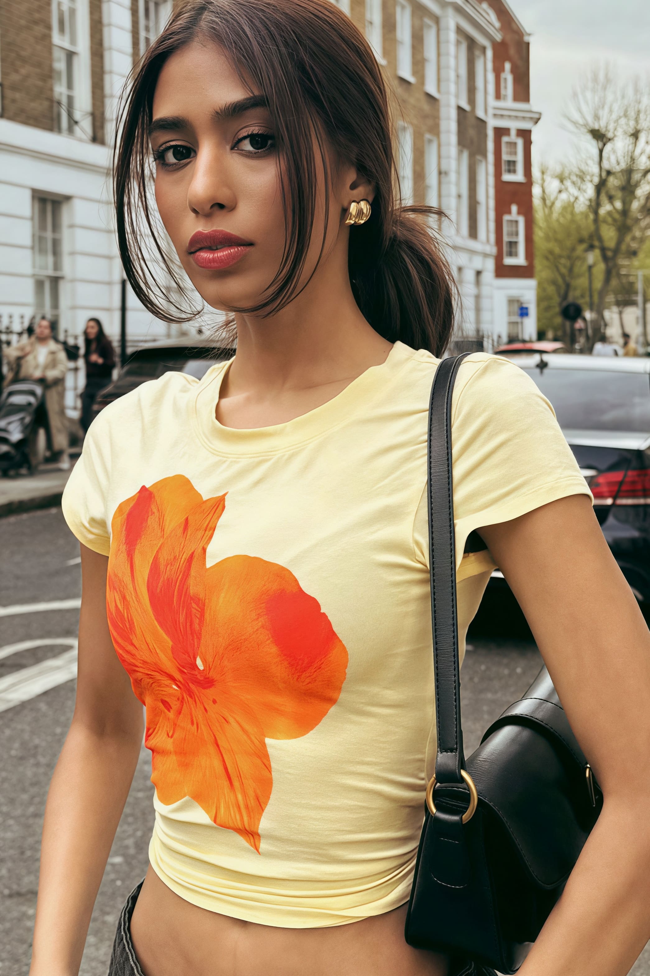 Romantic Floral Print Crew Neck Slim Crop T-shirt image 4