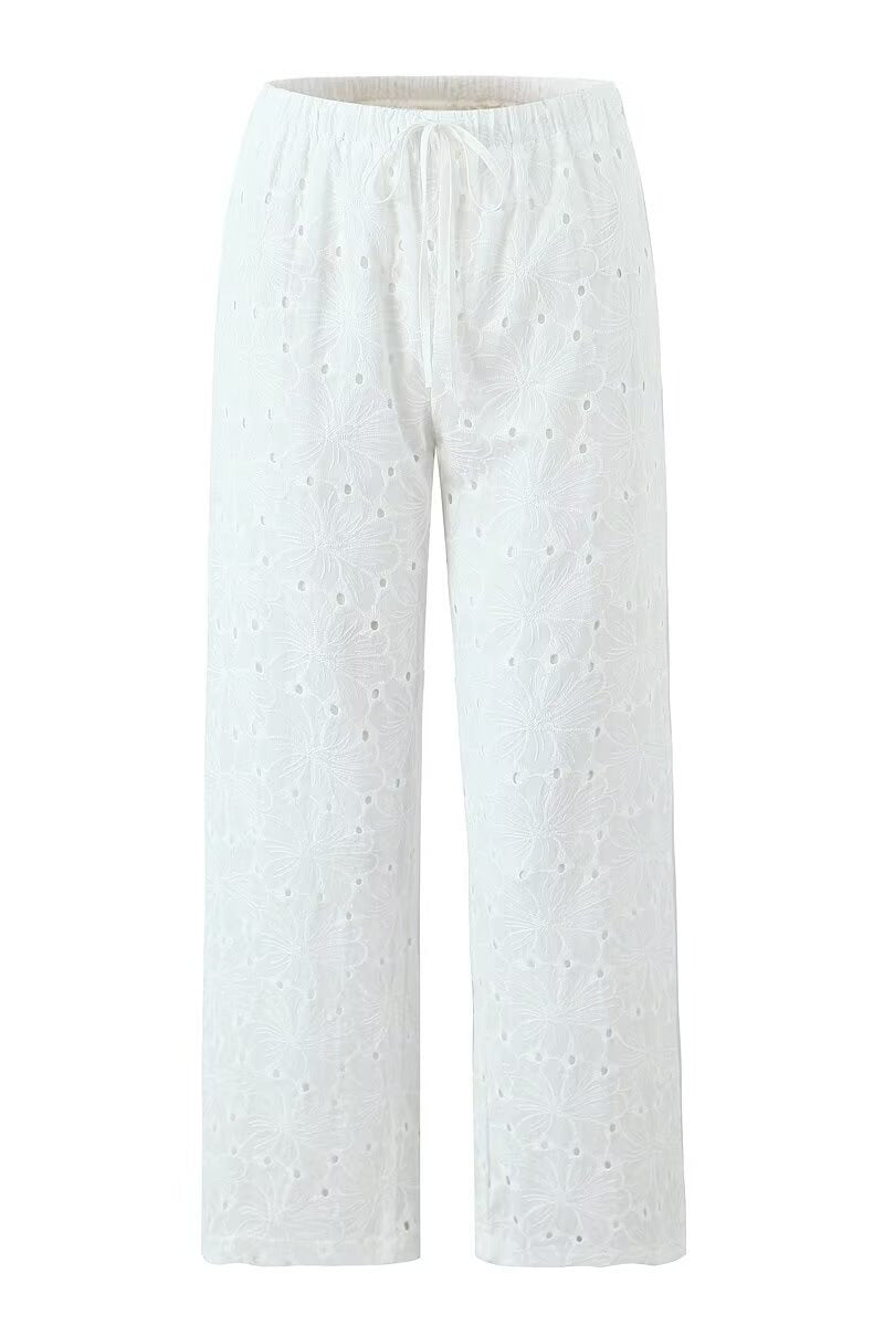 Chic White Floral Embroidery Relaxed Pants image 4