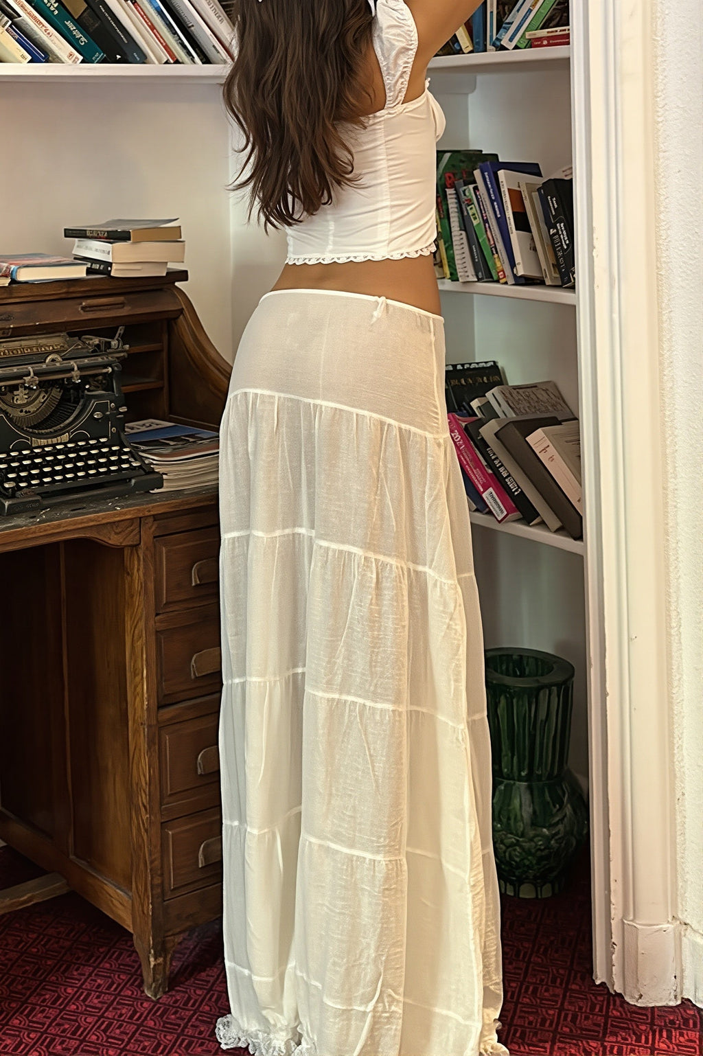 Elegant Lace Insert Square Neck Cami High Rise Skirt Sets image 5