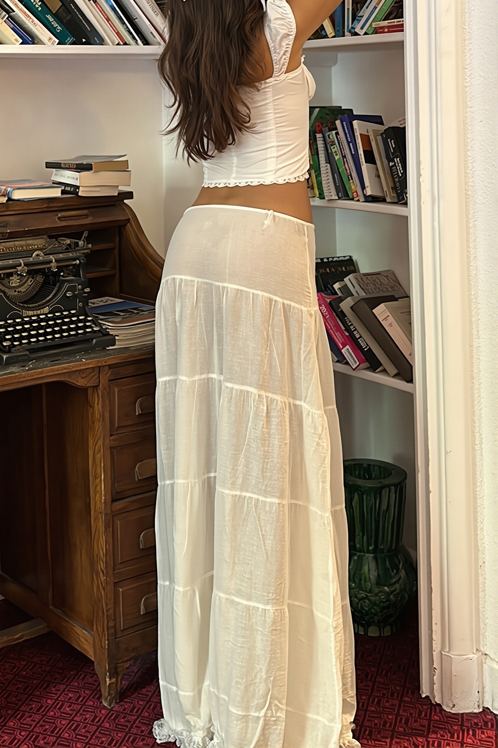 Elegant Lace Insert Square Neck Cami High Rise Skirt Sets image 5