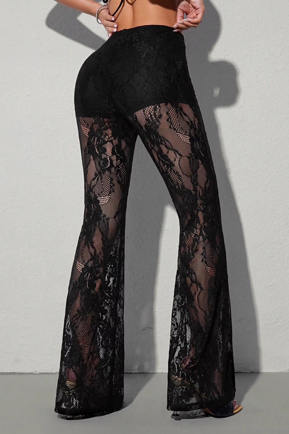 Chic Lace Panel Flared Mesh Pants image 3