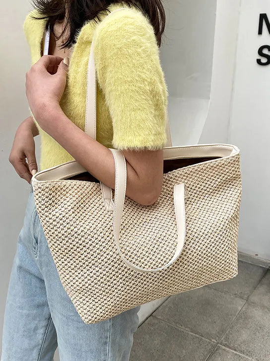 Yara Woven Tote detail view styled for Avrienne