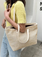 Yara Woven Tote detail view styled for Avrienne