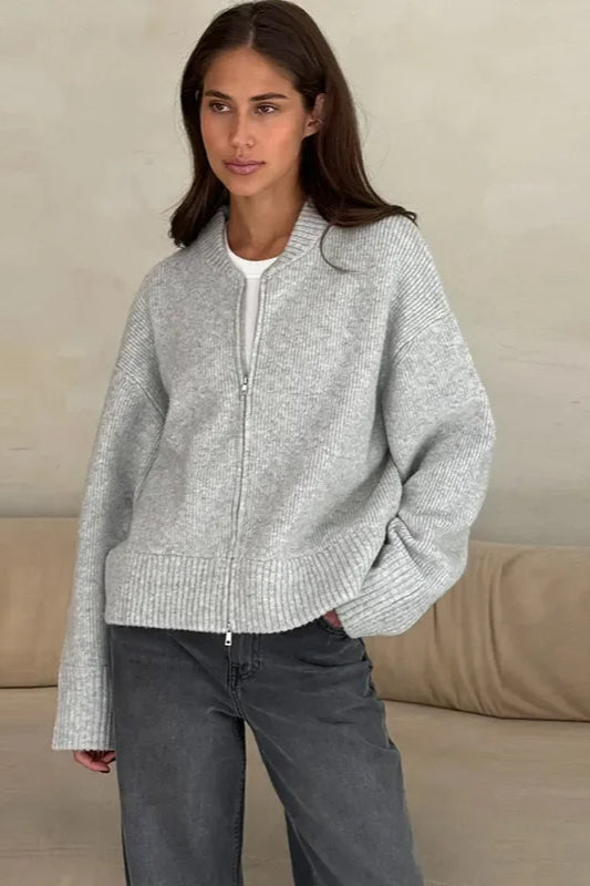 Pleated Knit O Neck Zipper Cardigan image 1
