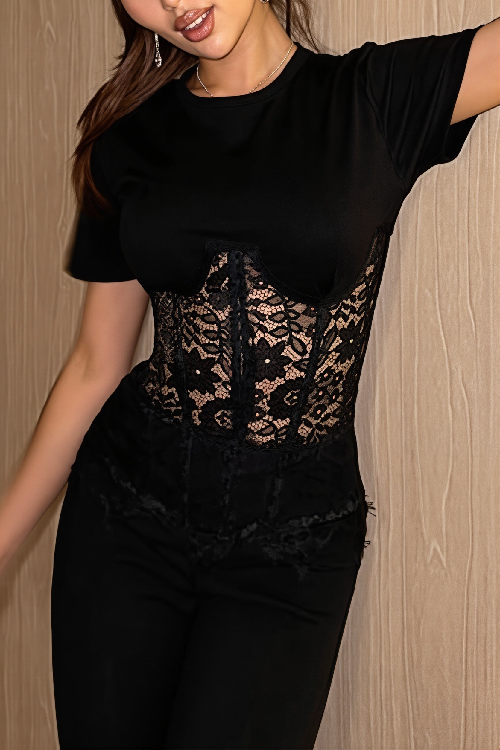 Lace Sheer Patchwork Cropped T-shirt image 3