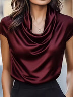 Isadora Satin Blouse detail view styled for Avrienne