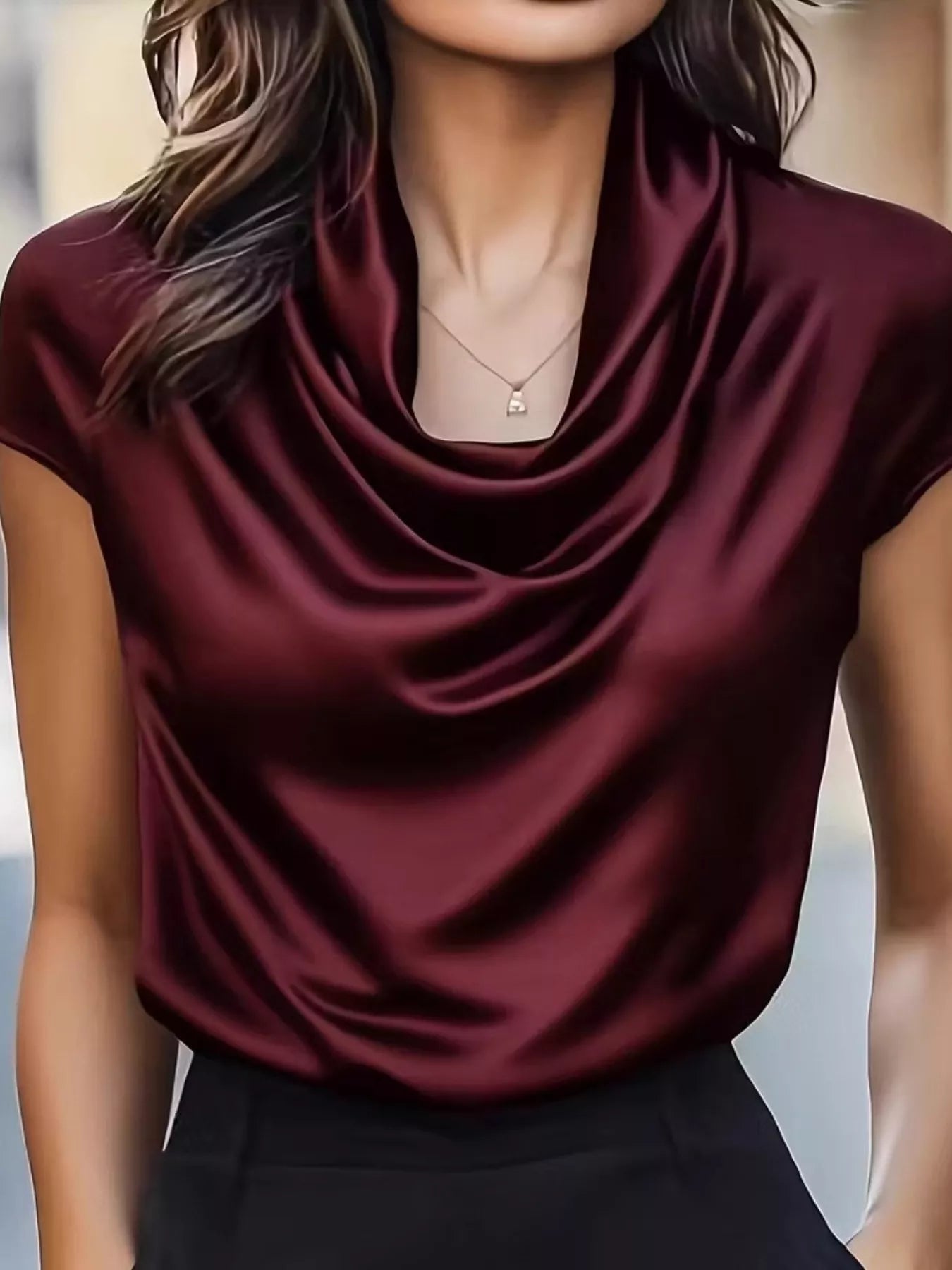 Isadora Satin Blouse detail view styled for Avrienne