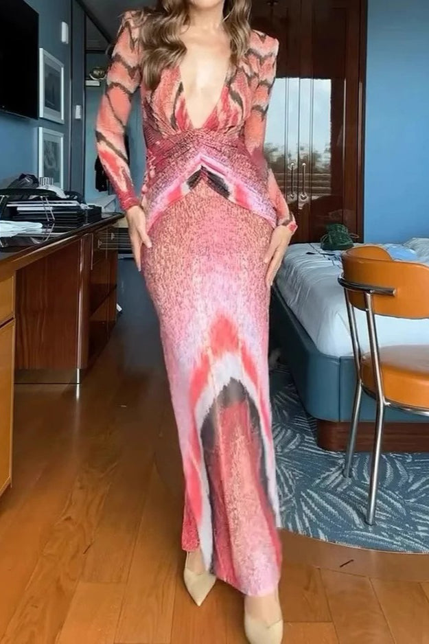 Sexy V-neck Floral Print Long Sleeve Bodycon Maxi Dress image 2