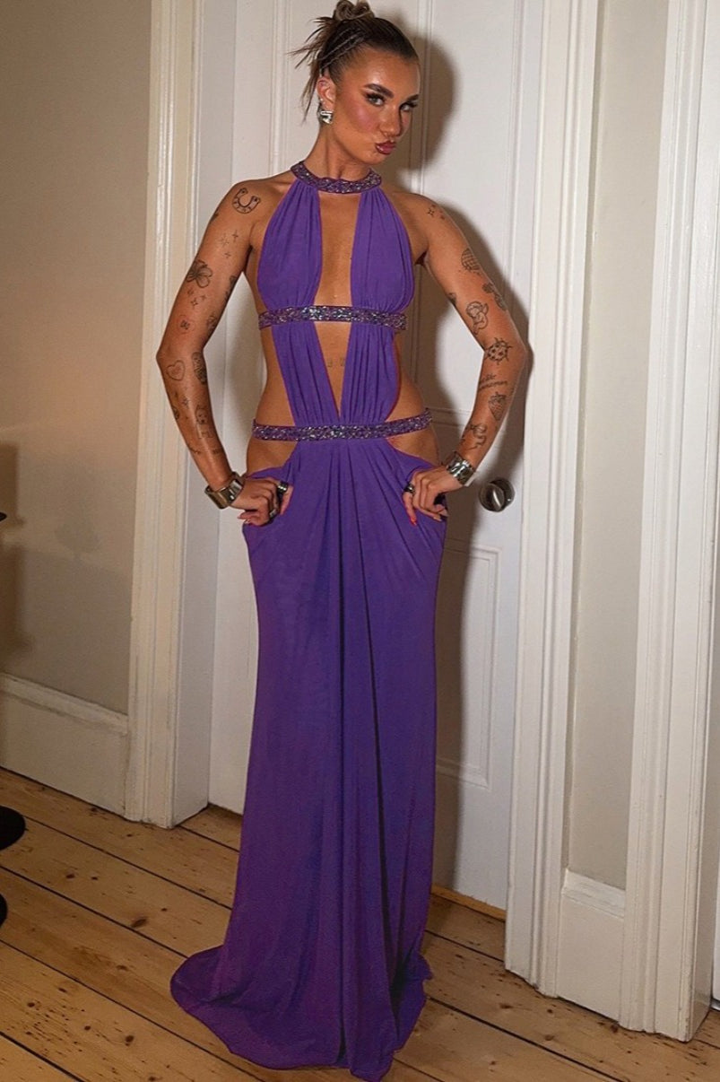 Elegant Sexy Cutout Rhinestone Backless Maxi Dress image 9