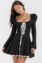 Black and White Ruffle Neckline Tie Waist Mini Dress image 2