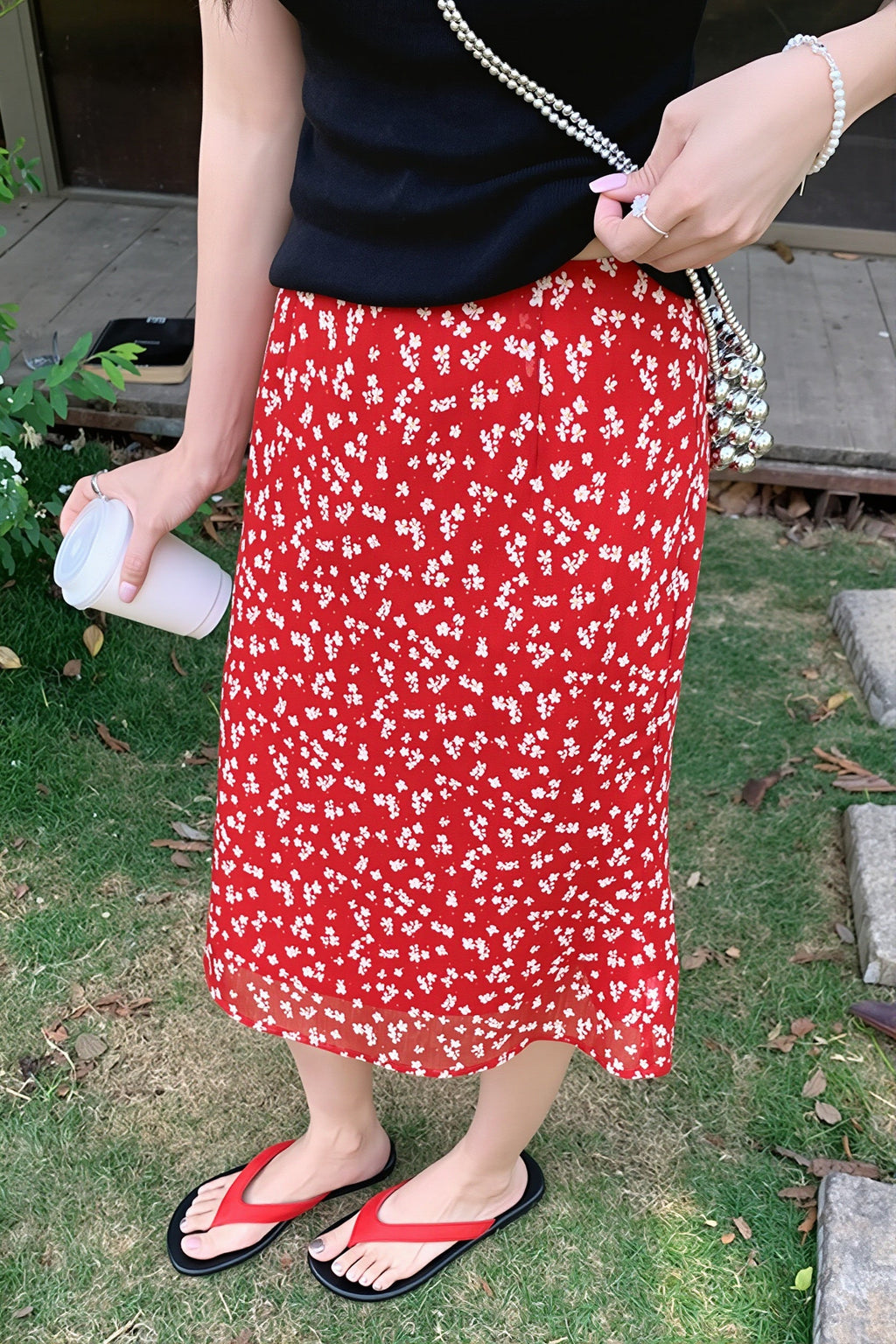 Vintage Red Floral High Waist Midi Skirt image 3