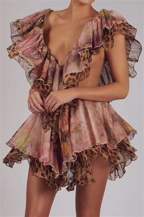 Backless Irregular Ruffle Print Mini Dress image 2