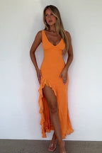 V-Neck Ruffled Hem Bodycon Maxi Dress image 3