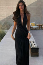 Solid Halter Deep V Backless Slit Floor Maxi Dress image 7