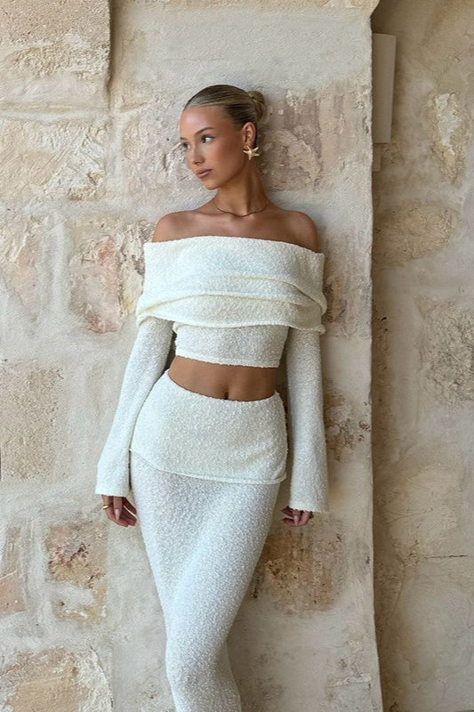 Sexy Off-Shoulder Cropped Top High-Waisted Solid Skirt Two Piece Set image 1