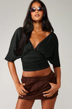 Chic Deep V Neck Knot Front Ruched Crop T-shirt image 2