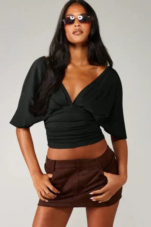 Chic Deep V Neck Knot Front Ruched Crop T-shirt image 2