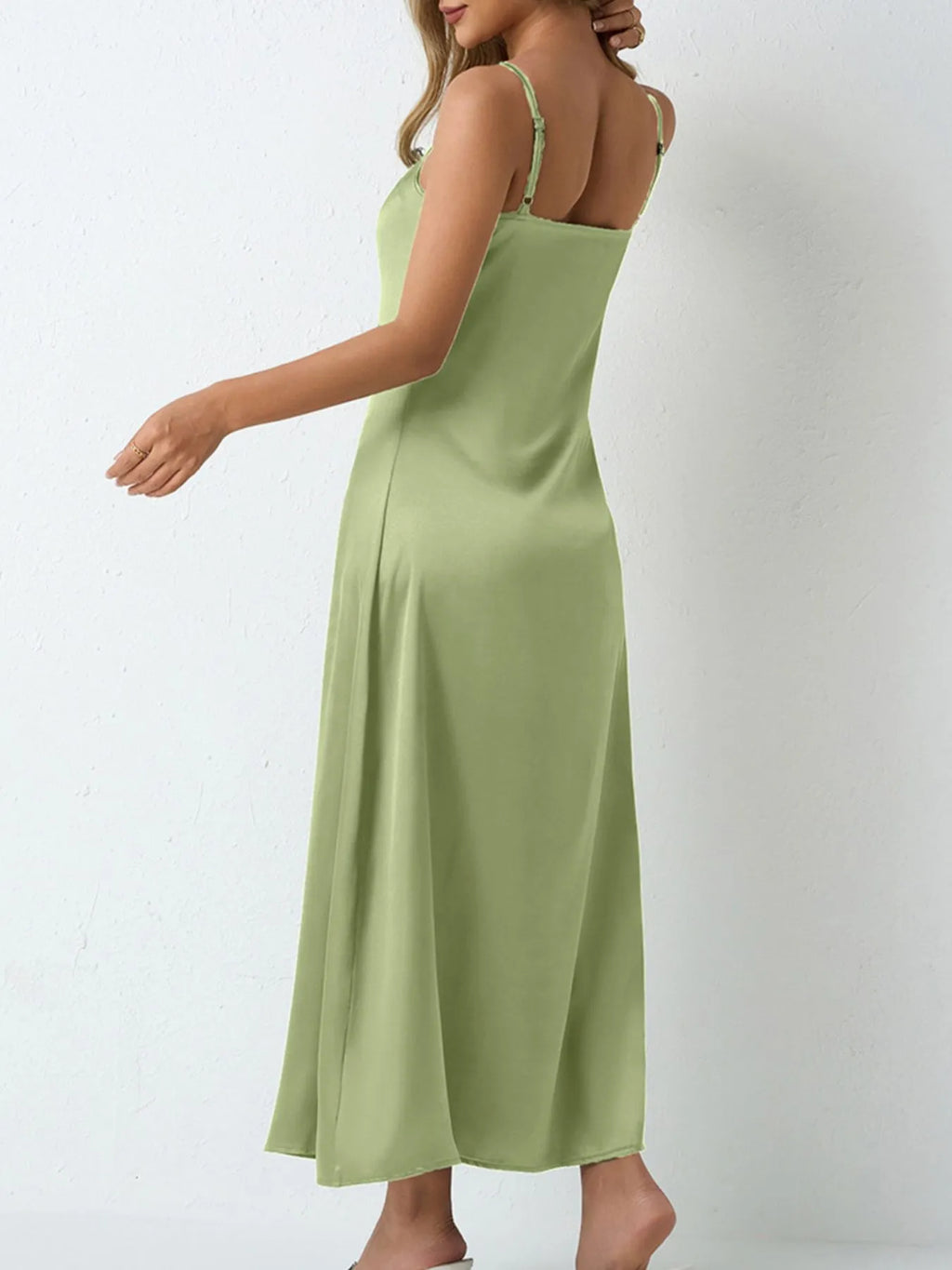 Paloma Satin Dress detail view styled for Avrienne