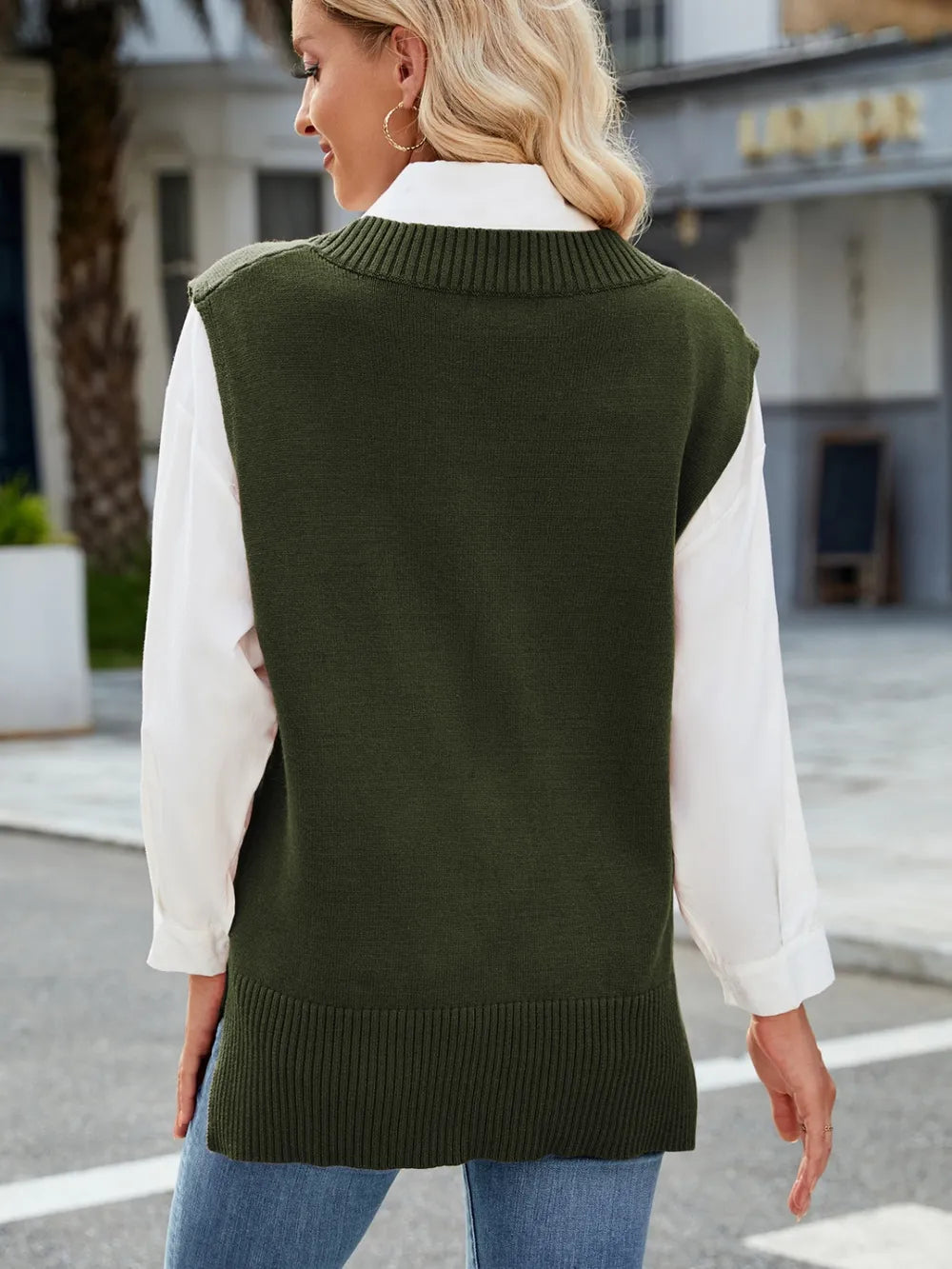 Bianca Sweater Vest detail view styled for Avrienne