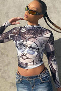 Sexy Sheer Mesh Print Round Neck Long Sleeve Blouse image 1