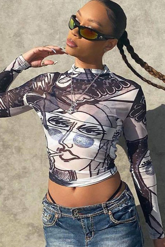 Sexy Sheer Mesh Print Round Neck Long Sleeve Blouse image 1