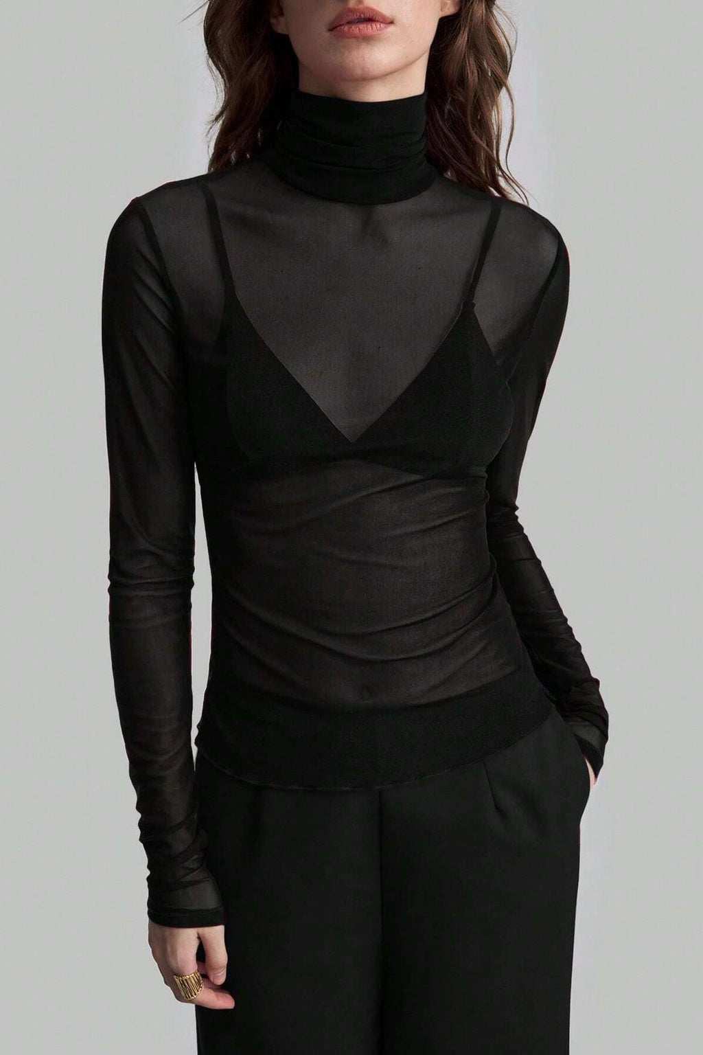 Stand Collar Solid Mesh Slim Fit Long Sleeve Tee image 5