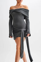 Off Shoulder Tie Knit Sweater Dress image 6