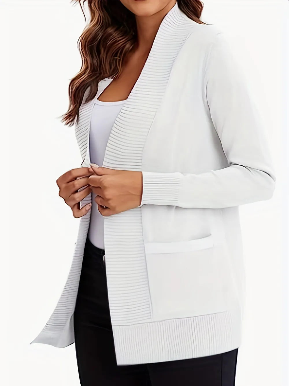Anya Open Cardigan detail view styled for Avrienne