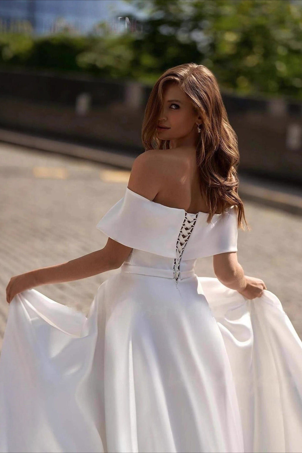 Simple Satin Cross Off Shoulder Train Wedding Dress image 3