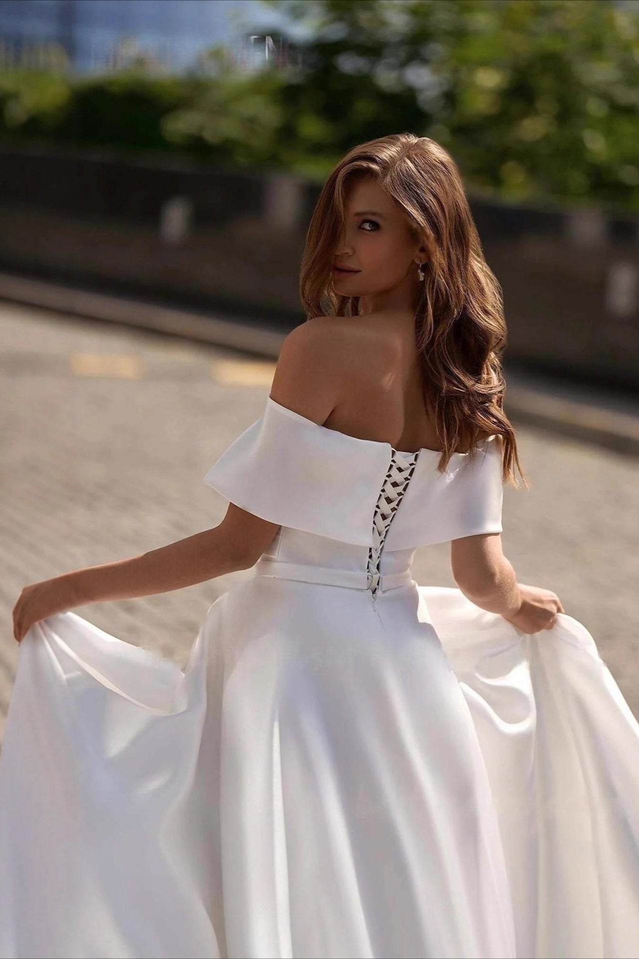 Simple Satin Cross Off Shoulder Train Wedding Dress image 3