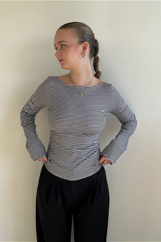 Basic Crew Neck Backless Striped Fitted Knit Blouse image 1