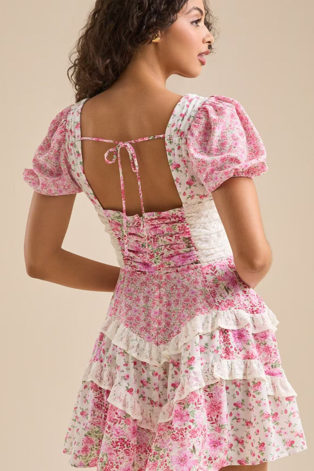 Floral Lace Patchwork V Neck Puff Short Sleeve Mini Dress image 5