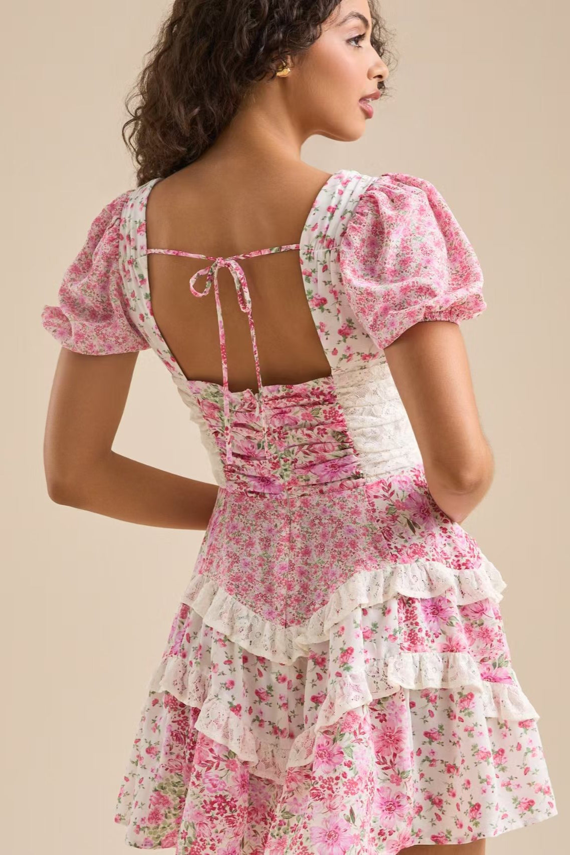 Floral Lace Patchwork V Neck Puff Short Sleeve Mini Dress image 5