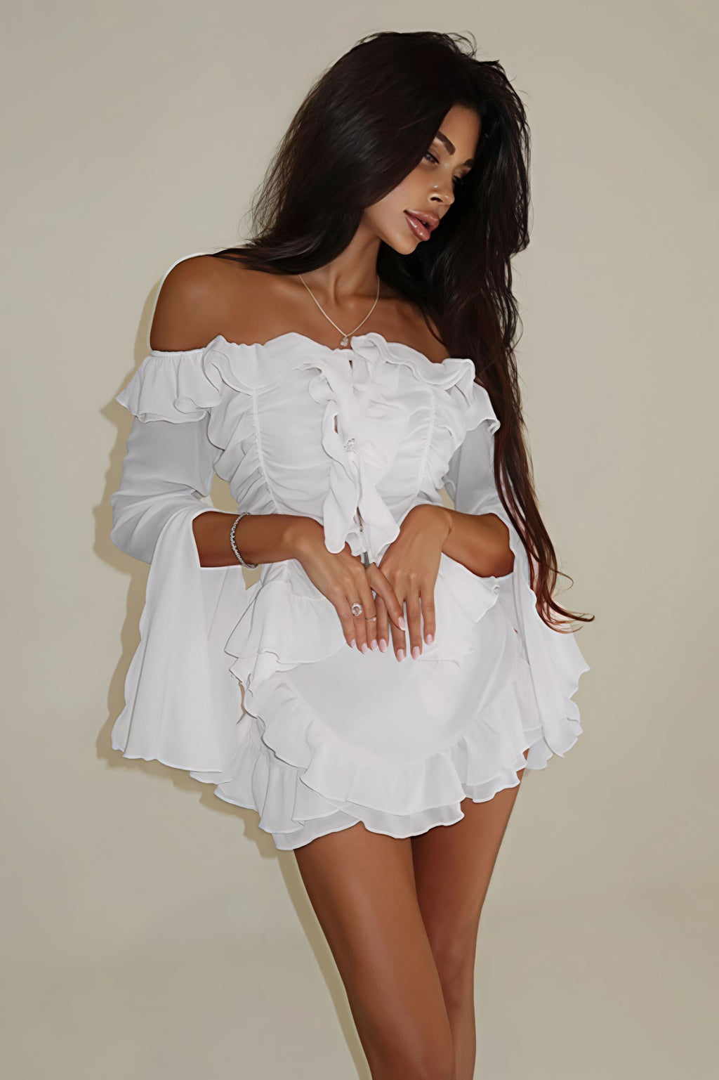 Stylish Off Shoulder Long Sleeve Ruffle Skirt Set image 8