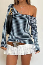 Color Block Striped V Neck Loose Knit Long Sleeve Blouse image 2