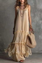 Solid Flowy Pleated Maxi Boho Dress image 1