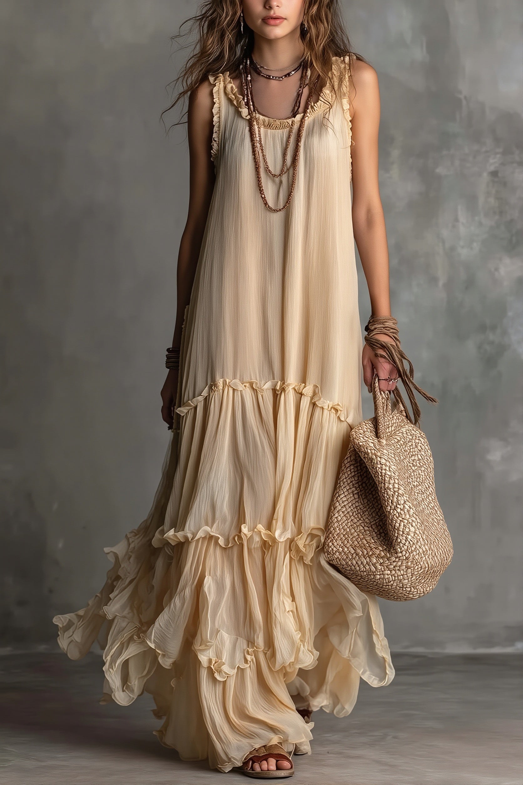 Solid Flowy Pleated Maxi Boho Dress image 1
