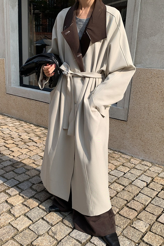 THE MIND British Style Contrast-Collar Long Overcoat image 2
