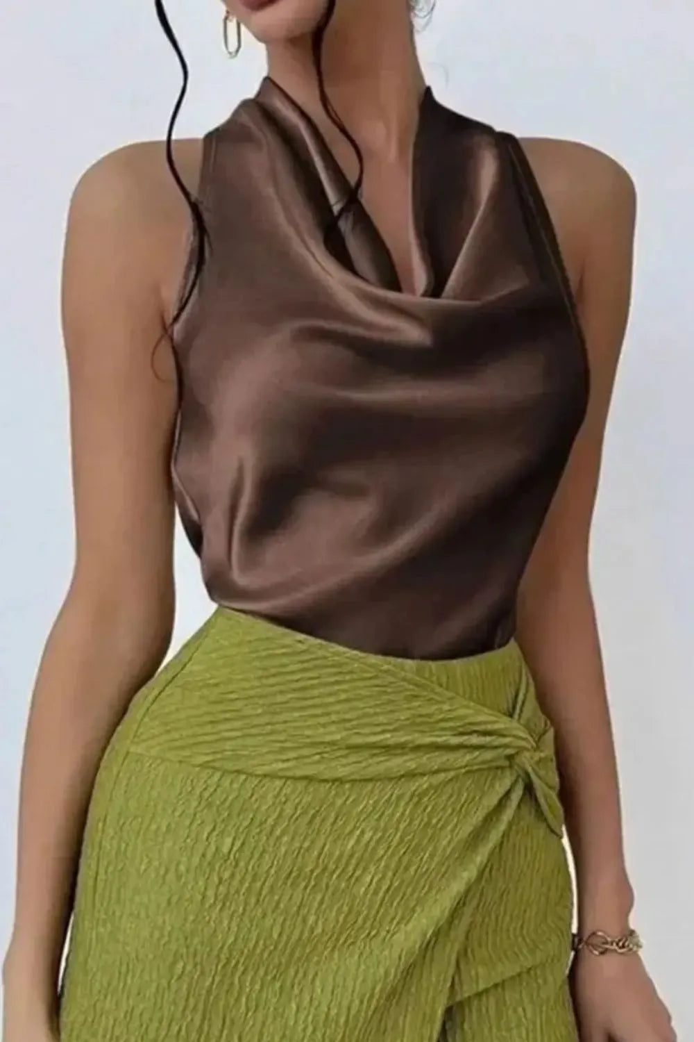 Cassia Satin Blouse detail view styled for Avrienne