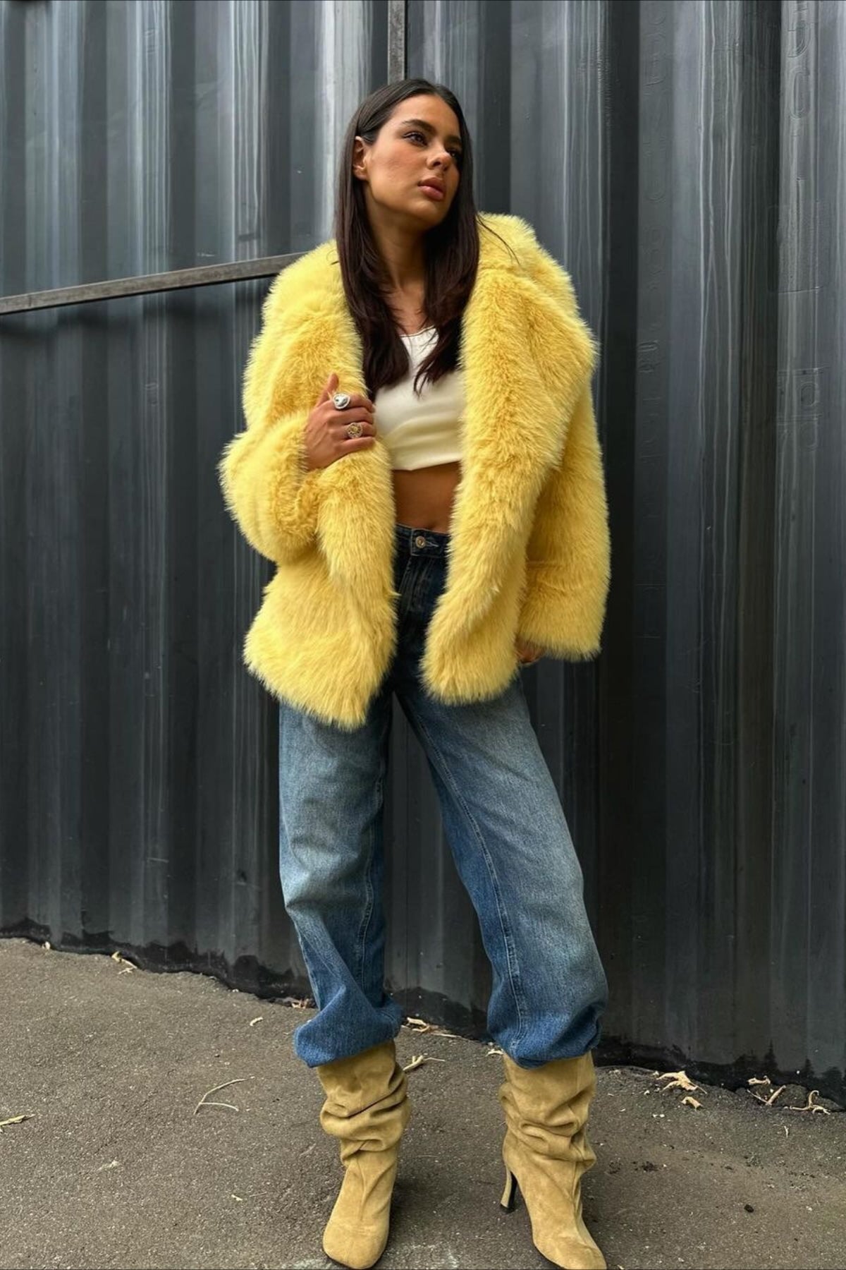 Yellow Faux Fur Open Front Coat image 5