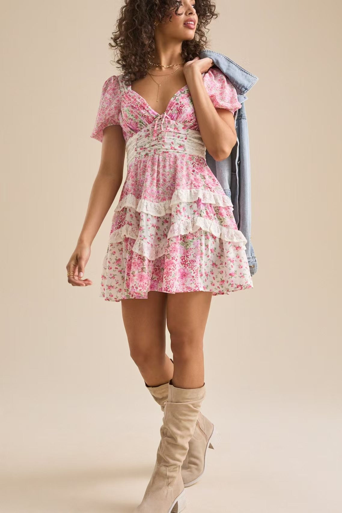 Floral Lace Patchwork V Neck Puff Short Sleeve Mini Dress image 4
