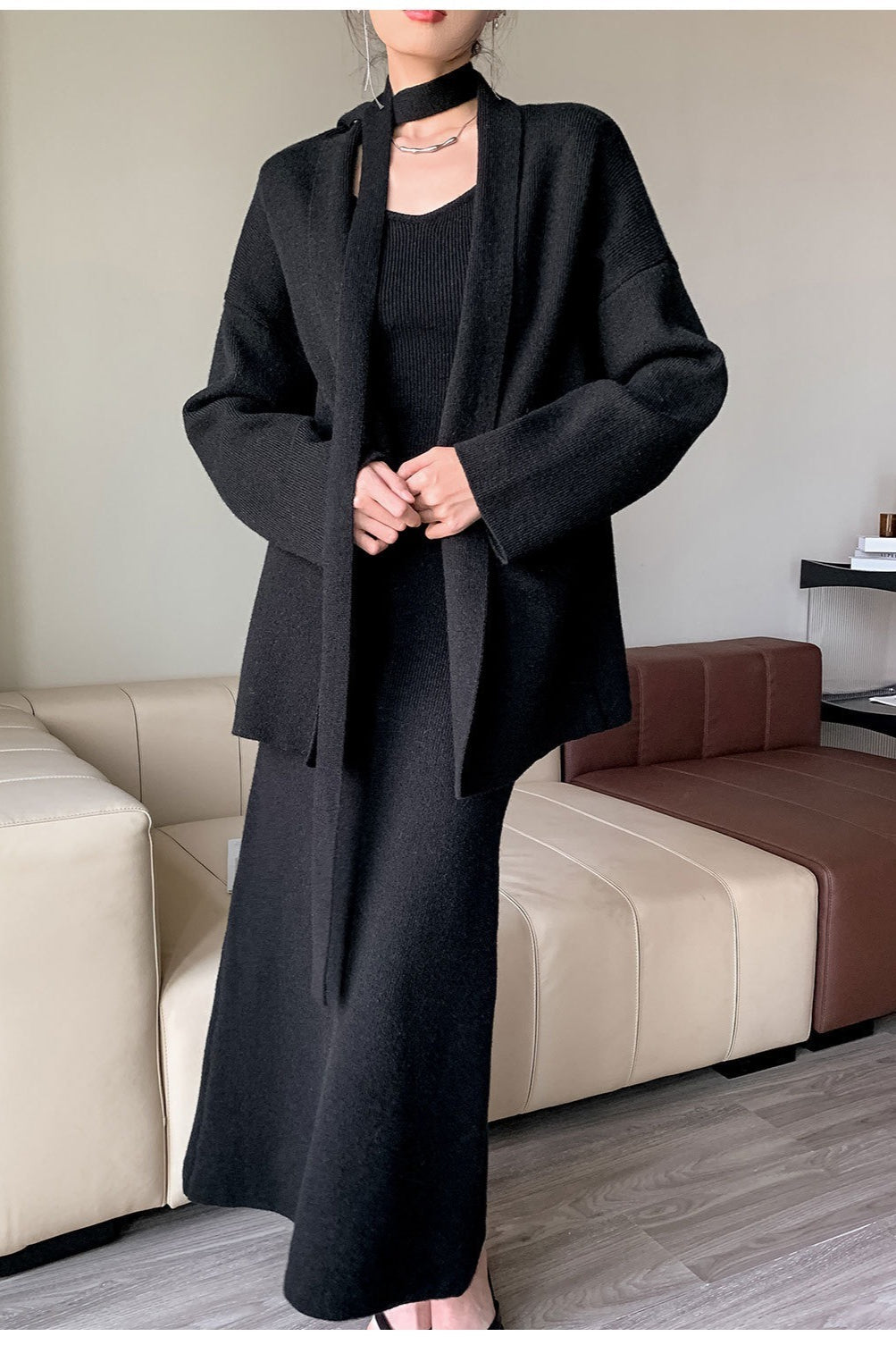 Ribbed High-End Knit Cardigan Tank Wide-Leg Pants Three Piece Set image 13