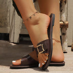 Livia Buckle Sandals detail view styled for Avrienne