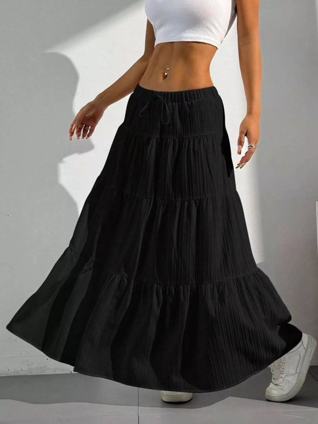 Capri Tiered Maxi Skirt detail view styled for Avrienne