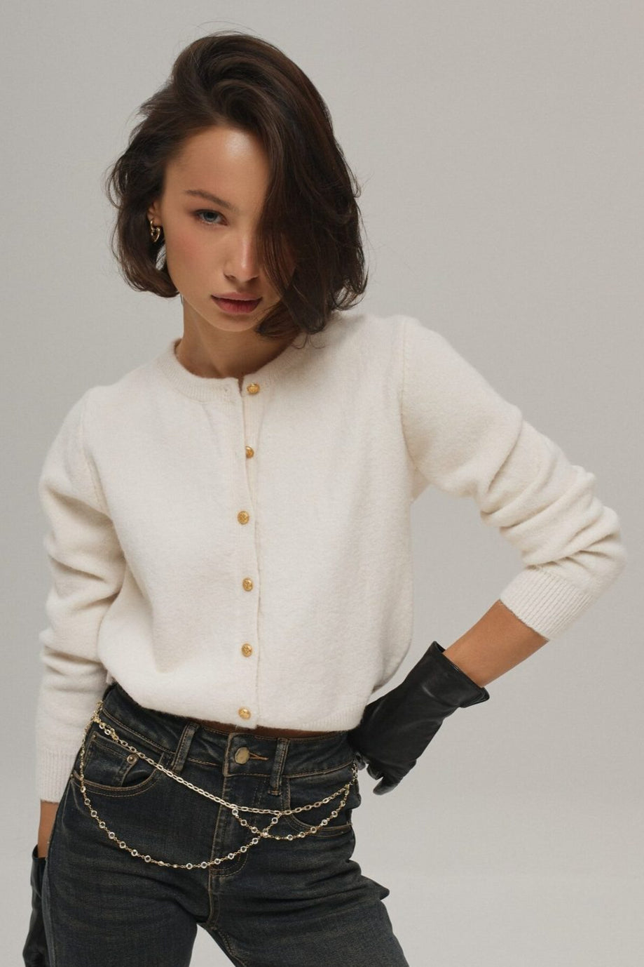 Minimalist Knitted Gold Buckle Crew Neck Cardigan image 8