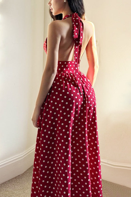 Red Polka Dot V-Neck Halter Backless Maxi Dress image 4