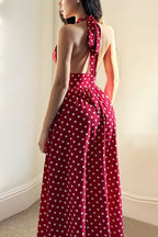 Red Polka Dot V-Neck Halter Backless Maxi Dress image 4