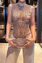 Letter Print Sheer Mesh Sleeveless Crew Neck Slim Blouse image 2
